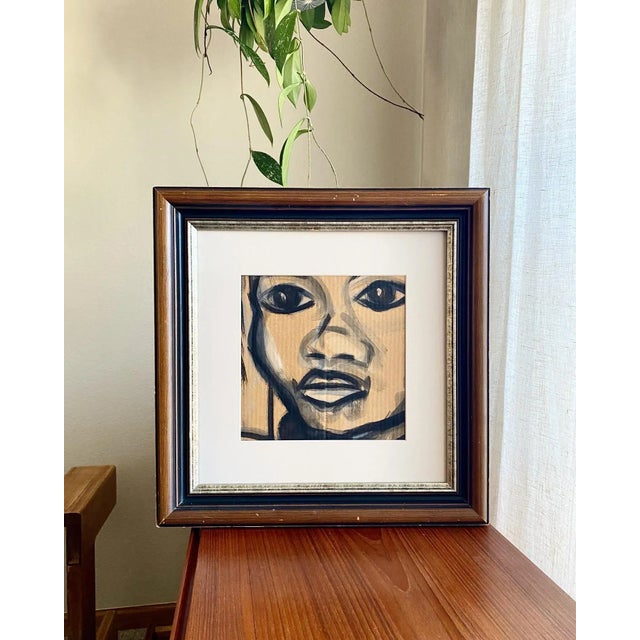 Contemporary Contemporary Modernist Framed Neutral Palette Portrait With Expressive Eyes For Sale - Image 3 of 10