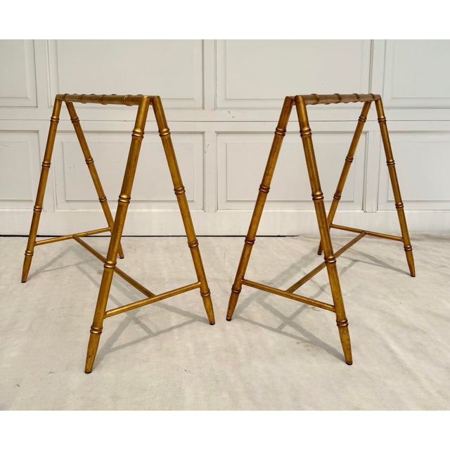 Chinoiserie Pair Vintage Gilt Faux Bamboo Sawhorse Form Table Bases in the Style of Tony Duquette For Sale - Image 3 of 10
