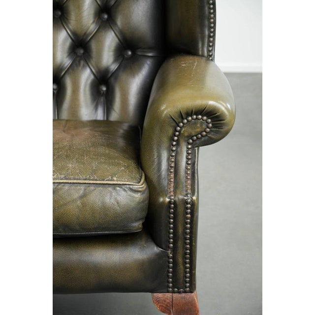 Vintage Chesterfield Cowhide Wing Armchair in Green For Sale - Image 9 of 14