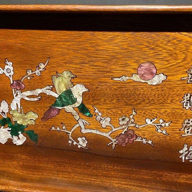 Wood Vintage Chinese Rosewood Tea Tray With Mother of Pearl Bird & Flower Inlay For Sale - Image 7 of 9