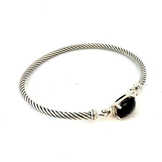 Metal 1990s David Yurman Onyx and Diamond 3 mm Cuff Bracelet Silver Estate For Sale - Image 7 of 7