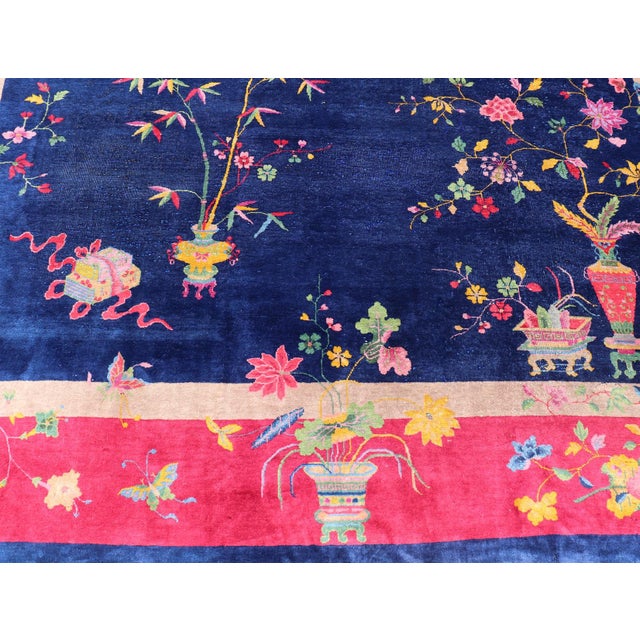 Early 20th Century Large Antique Art Deco Rug in Deep Navy Blue With Vibrant Red Border For Sale - Image 5 of 13