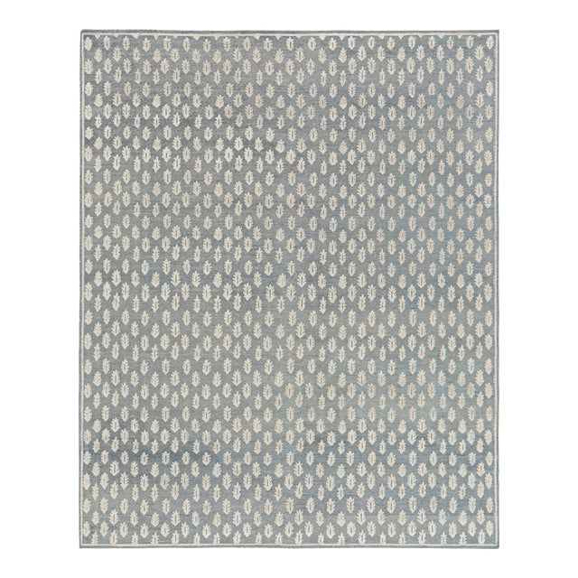 Rug & Kilim’s Modern Block Print Rug in Blue with White Floral Pattern - 12x15 For Sale