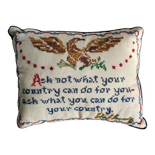 Hand Embroidered Vintage Patriotic Throw Pillow- Eagle & Jfk Quote For Sale