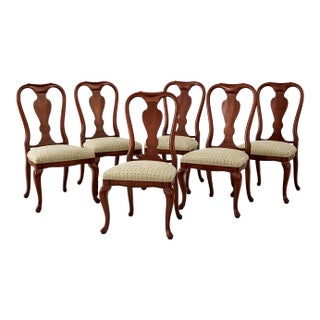 Set of 6 Queen Anne Dining Chairs — Solid Wood With Original Raised Velvet Geometric Upholstery, Mid-20th Century For Sale