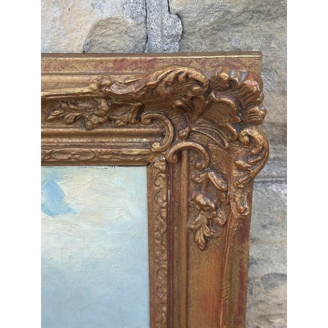 Textile Antique European Village Street Scene Oil Painting | Signed L. Hughes | Ornate Gilt Frame For Sale - Image 7 of 10