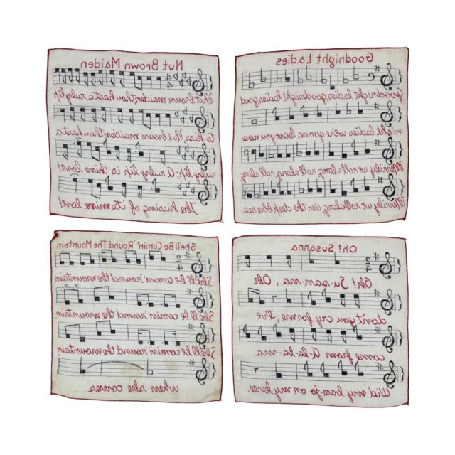 White Vintage Set 4 Falflax Musical Song Linen Holiday Cocktail Napkins For Sale - Image 8 of 9