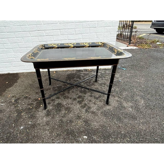 Vintage English Chinoiserie Paper Marche Style Tray Table or Coffee Table Black painted with gold gilt decor Tray top is...