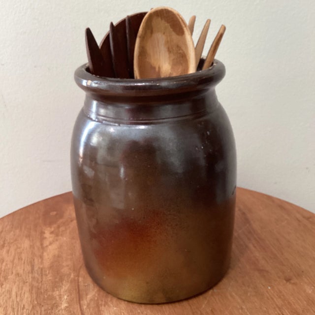 Antique Brown Glazed Stoneware Crock W/Carved Wooden Utensils France For Sale - Image 12 of 12