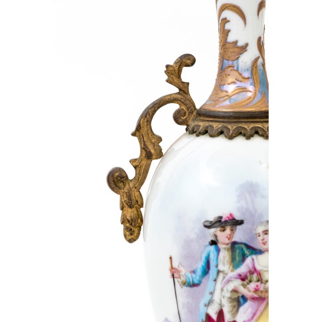 Pair of French Sèvres-Style Porcelain Vases With Gilt Bronze Mounts — Hand-Painted Gallant Scenes, Marked France, Late 19th C. For Sale - Image 10 of 11