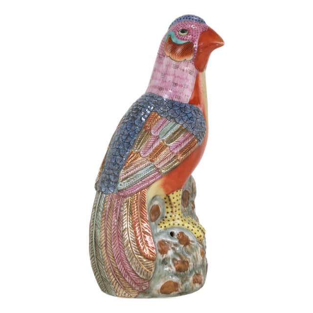 Vintage Colorful Chinese Porcelain Bird Figures Statues on Rocky Base For Sale