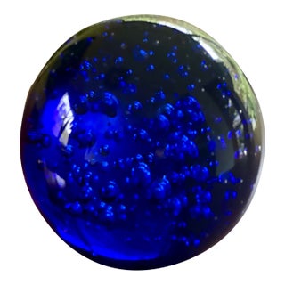Vintage Cobalt Blue Art Glass Controlled Bubble Sphere Paperweight - 4" For Sale