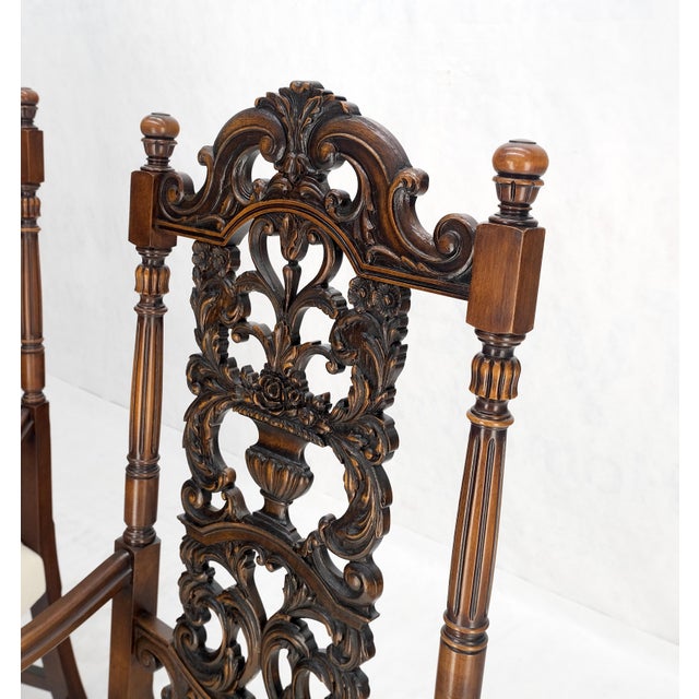 Pair of Carved Walnut Tall Backs New Upholstery Fireside Arm Side Chairs MINT! For Sale - Image 10 of 13