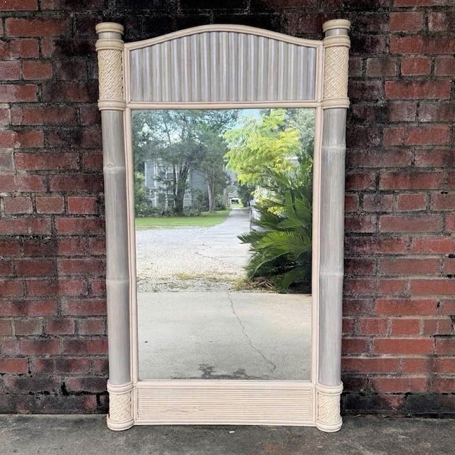 Ficks Reed 1970s Monumental Palm Beach Estate Grayish-Blue & Cream Bamboo Wall Mirror For Sale - Image 4 of 14