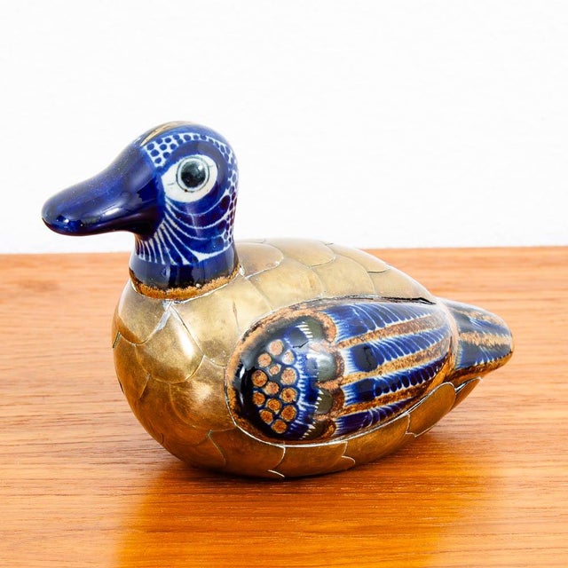 1960s Mid-Century Modern Blue and Gold Ceramic Duck Decorative Table Sculpture For Sale - Image 5 of 12
