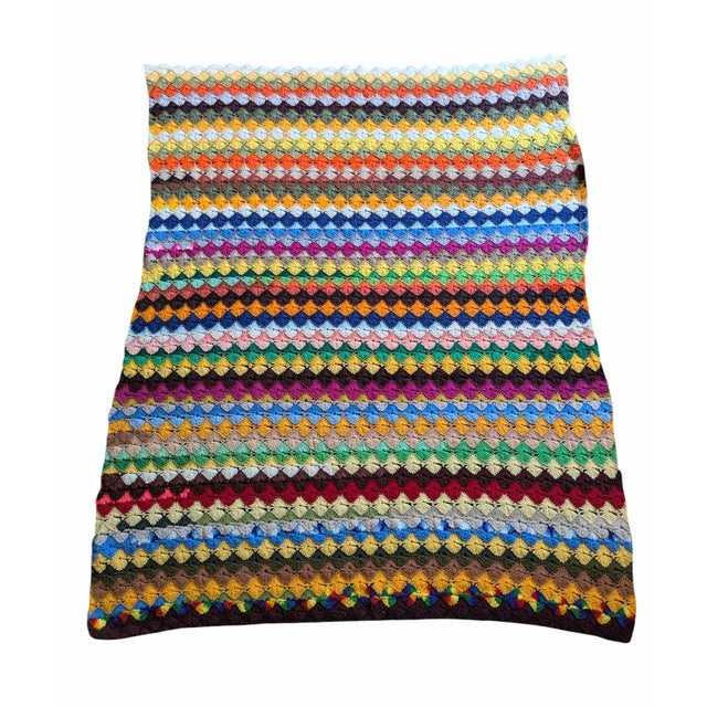 Mid-Century Modern Mid Century Modern Multicolor Handcrafted Crocheted Afghan Throw Blanket For Sale - Image 3 of 15
