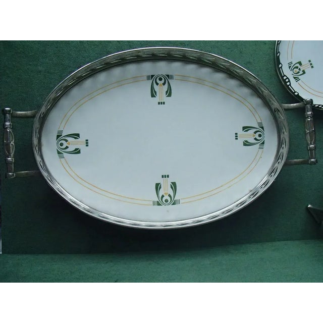 Antique Chrome and Porcelain Teapot Warmer, Serving Tray, and Stand, Set of 3, in Very Good conditions. Designed 1890 to 1919