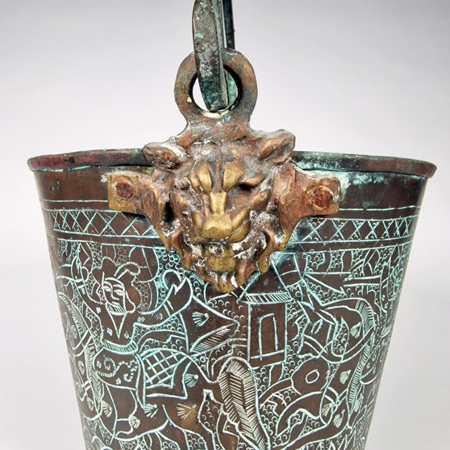 Antique Copper Bucket Lion Mounts Indian Kashmir Mughal Warrior Horses Verdigris For Sale In Seattle - Image 6 of 9