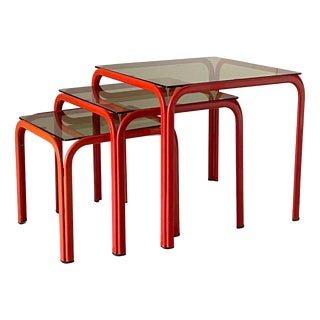 Vintage Italian Nesting Tables with Red Iron Frame & Smoked Glass, 1970s, Set of 3 For Sale