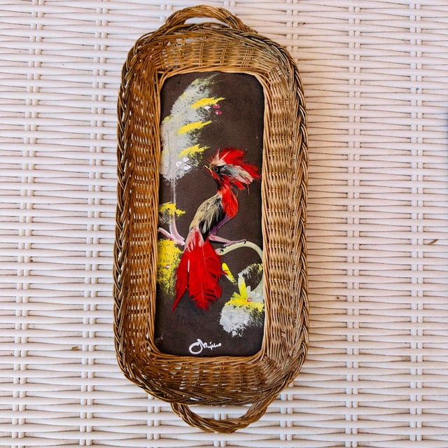 Wood Vintage 1940s Mexican Feather Folk Art Bird Wicker Tray Wall Decor Signed For Sale - Image 7 of 7