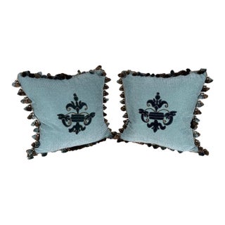 Pair of Custom Velvet Appliqué Pillows by Melissa Levinson For Sale