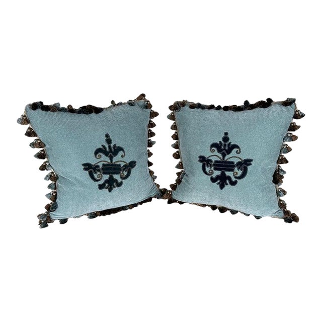 Pair of Custom Velvet Appliqué Pillows by Melissa Levinson For Sale