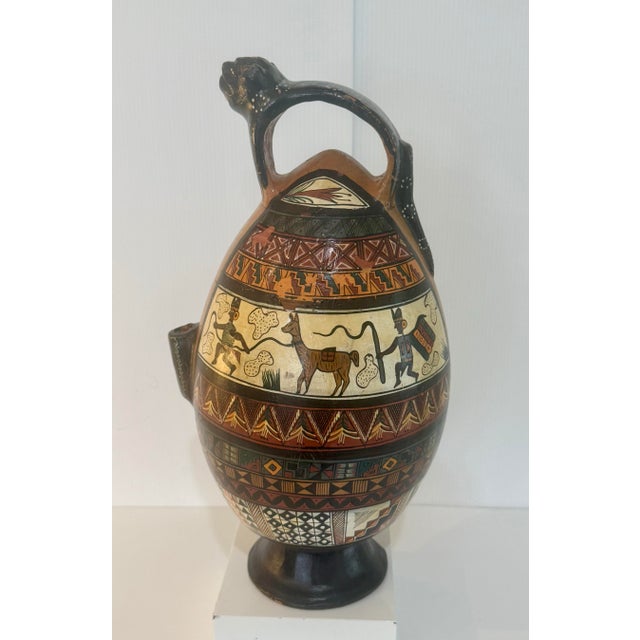 Tribal Mid 20th Century Large Peruvian Folk Art Pottery Vase With Jaguar Handle & Llama Motif 14” Tall For Sale - Image 3 of 12