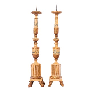18th Century Neoclassical Painted and Gilded Candlesticks with Hoof Feet - a Pair For Sale