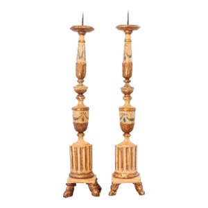 18th Century Neoclassical Painted and Gilded Candlesticks with Hoof Feet - a Pair