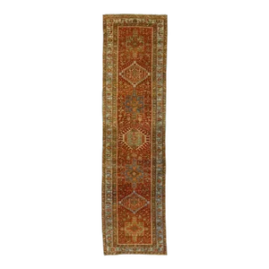 Antique Red Heriz Wool Runner Handmade With Geometric Motif
