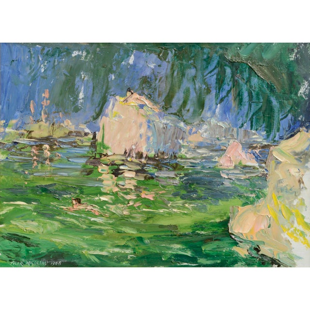 Highly textured landscape, with thick impasto illustrating a glorious scene of figures swimming in calm waters near large...