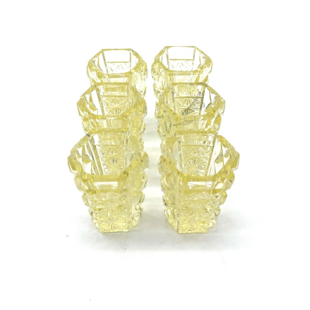 Antique Shot Glasses in Yellow Lead Crystal and Diamond Cut, 1890s, Set of 6 For Sale - Image 4 of 12