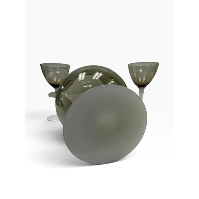 Glass Vintage Mid-Century Etched Smoke Glass & White Opaline Stem Cocktail Pitcher Set - 5 Pieces For Sale - Image 7 of 8