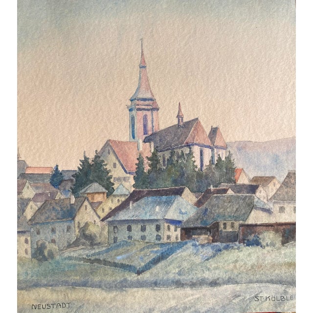 Traditional 1940s Watercolor of Church in Neustadt Germany For Sale - Image 3 of 3