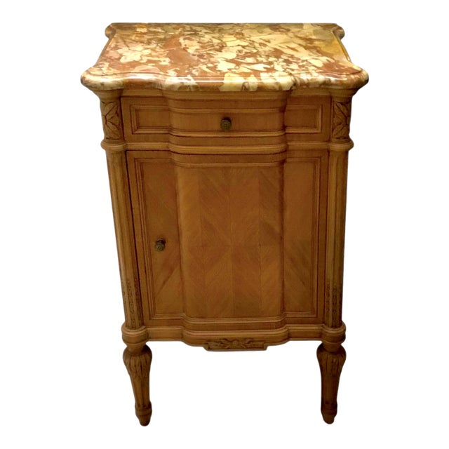 Late 20th Century Side Table Hand Carved Wood French Style Marble Top (Repaired) Vintage Classic Decor For Sale