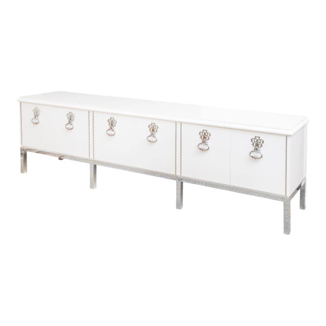 Vintage Mastercraft Custom Cabinet, Credenza or Buffet With Chrome Plated Over Bronze Hardware Restored Vintage For Sale