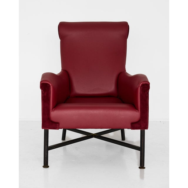 Italian Mid-Century Vinyl and Velvet Lounge Chair With Iron X-Base For Sale - Image 12 of 17