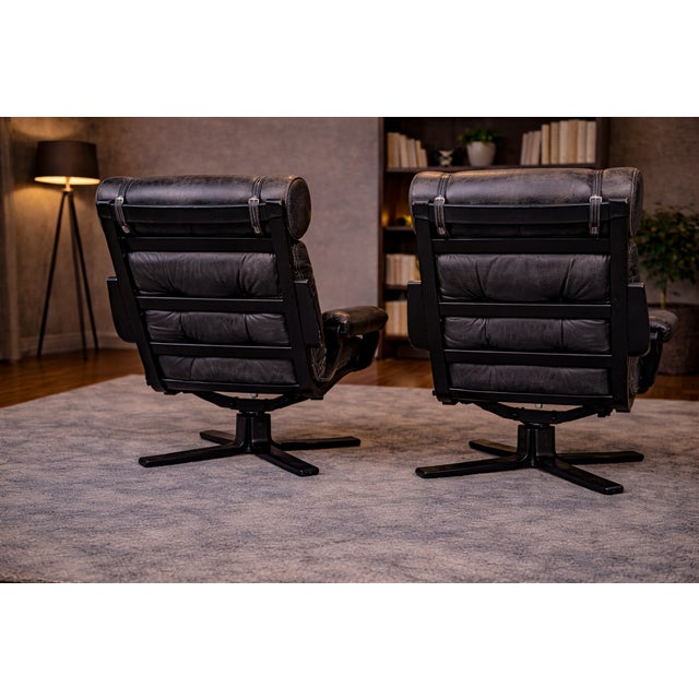 Mid-Century Modern Black Leather, Metal and Wood Spinning Armchairs, 1980s, Set of 2 For Sale - Image 3 of 7