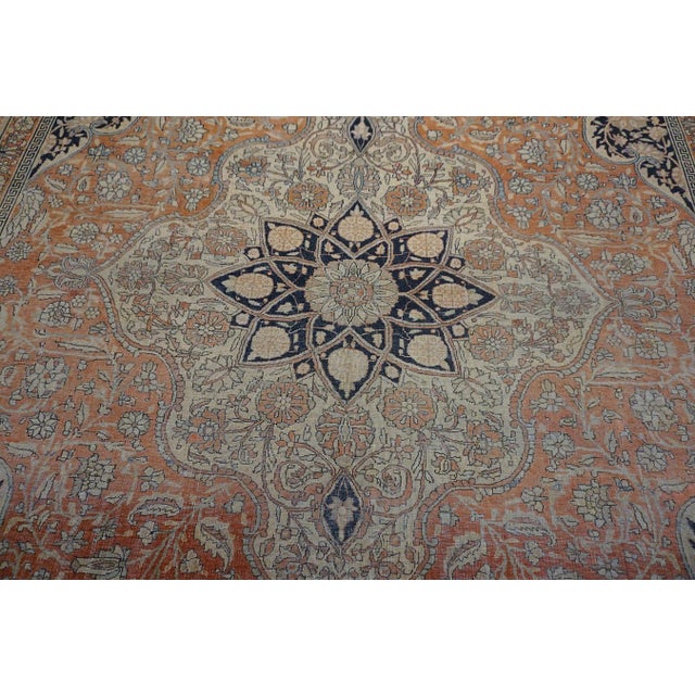 Classic Fine Ivory Traditional Floral Medallion Design Antique Persian Mohtasham Kashan Rug For Sale In New York - Image 6 of 12