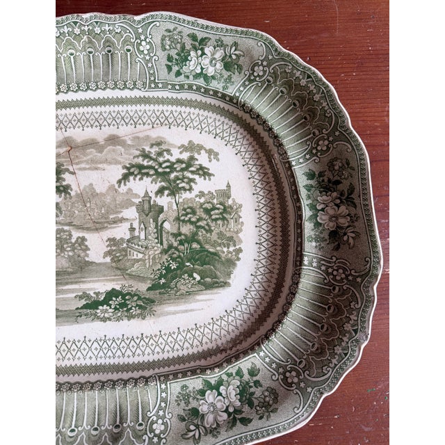 Ceramic Antique Staffordshire Green Transferware Platter "Cologne" With Staple Repair, Circa 1830's For Sale - Image 7 of 14