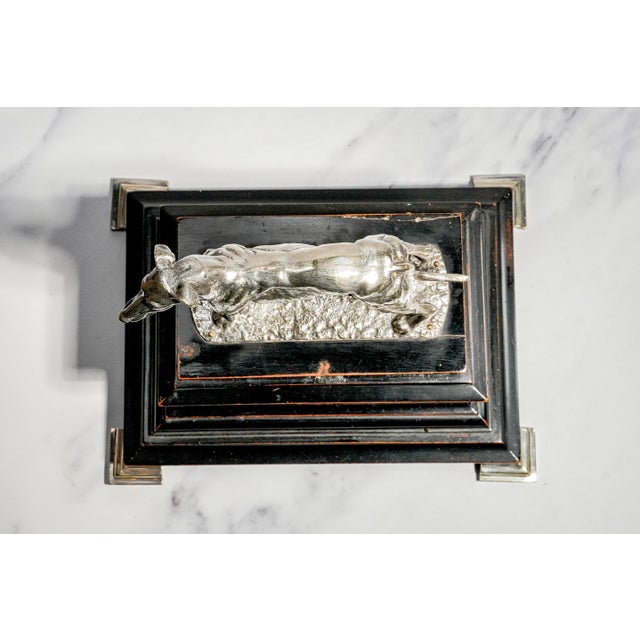 Wood Rare 1920s English Art Deco Ebonized Wood Silverplate Greyhound Statue Sculpture Cigar Box Home Decor For Sale - Image 7 of 18