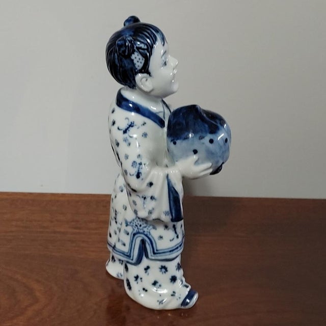 Chinese Vintage Taiwanese Blue & White Porcelain Girl Figurine With Peach, 7.5" For Sale - Image 3 of 7