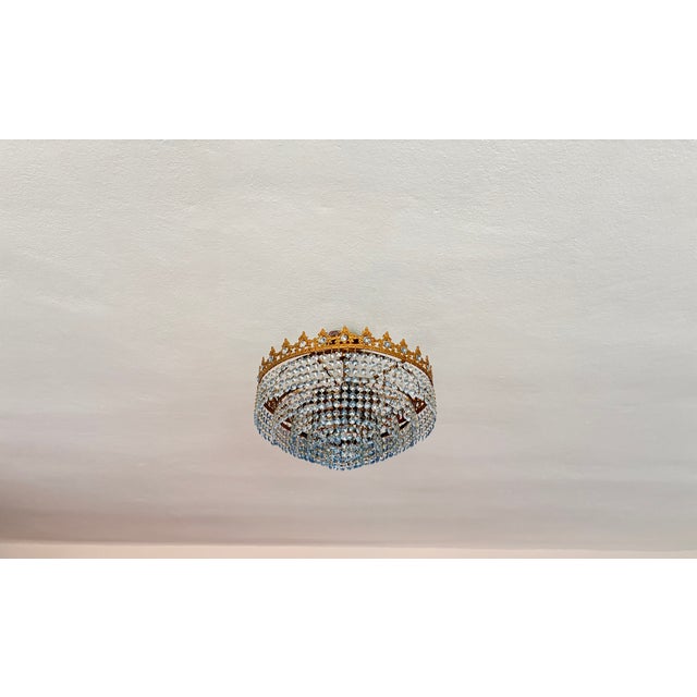 1960s Vintage French Crown Style Flush Mount Brass Chandelier With Soft Blue Crystals⁠ For Sale - Image 12 of 17