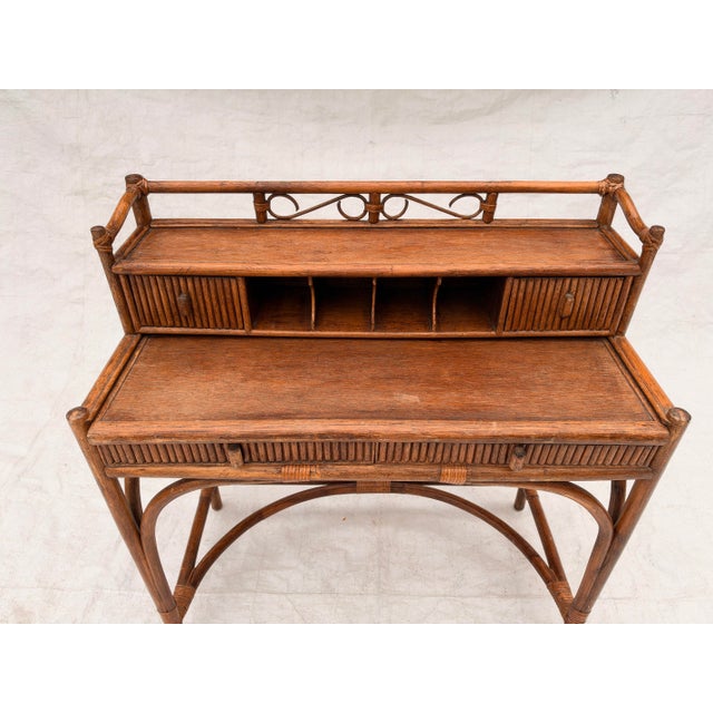 70's Vintage Hollywood Recency Style Palm Beach Bamboo & Rattan Desk For Sale - Image 4 of 11