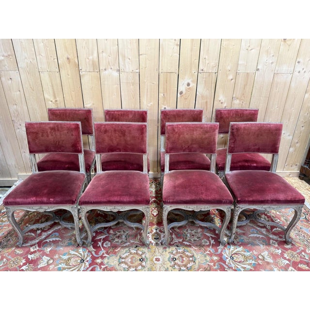Venetian Louis XV Style Chairs Lacquered Wood with Painted Details and Burgundy Velvet Seats, Set of 8 For Sale - Image 3 of 10