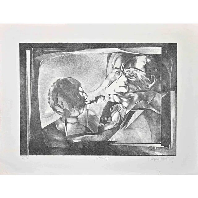 Interview is a Lithograph on wove paper BFK Rives realized in the 1970s by Christian Ricker. Edition of 65 prints,...