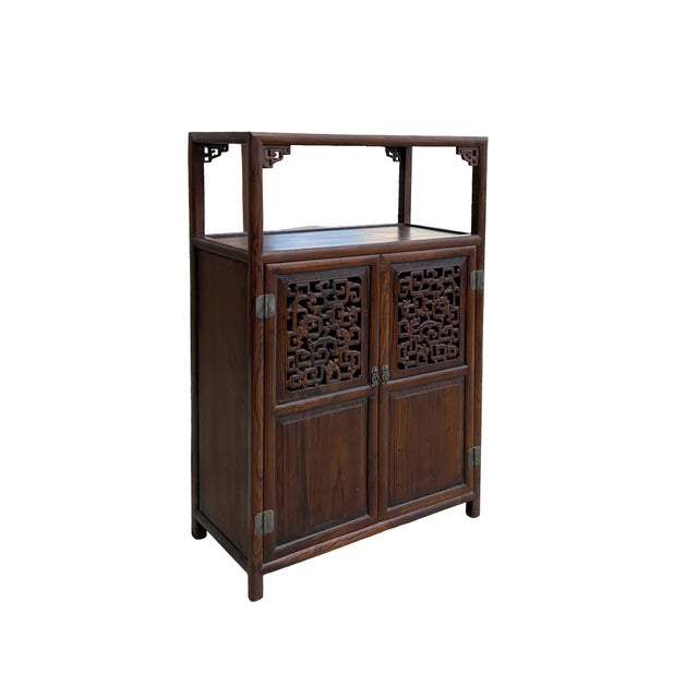 Brown Chinese Open Carving Narrow Wood Grain Brown Side Table Cabinet For Sale - Image 8 of 11
