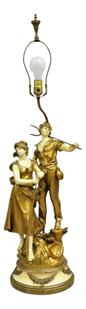 Antique French Renaissance Moreau Figural Metal Table Lamp, Wife & Farmer