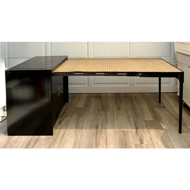 Wood Mid-Century Black Lacquer Chinoiserie Convertible Dining Table Cabinet For Sale - Image 7 of 15