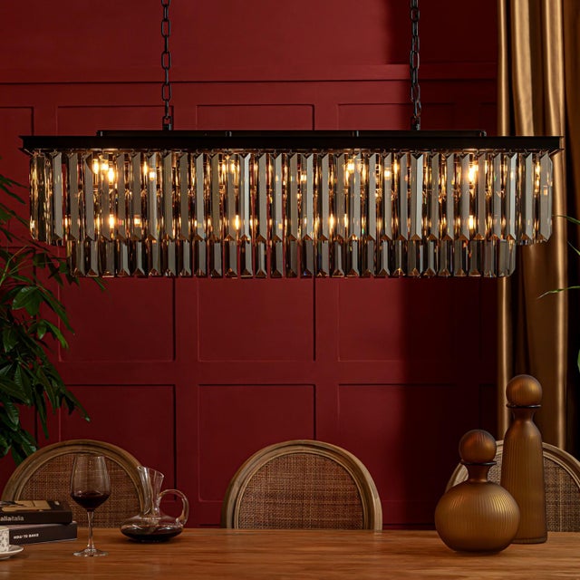 Glass Aloadecor Modern Linear Luxury Rectangular Fring Smoke Crystal Chandelier For Sale - Image 7 of 7